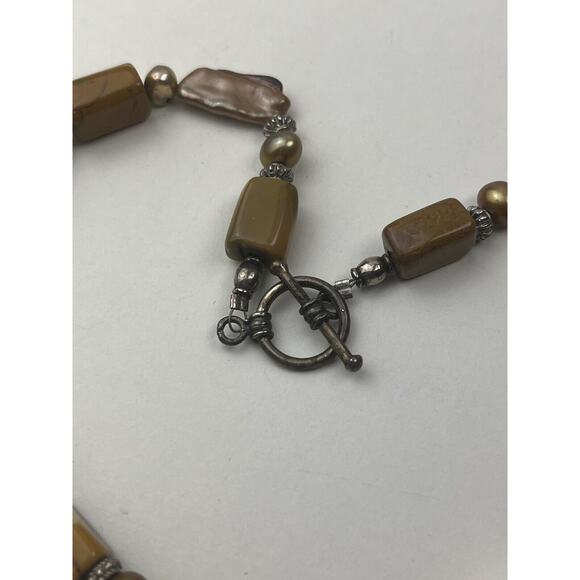 Sterling Silver Real Pearl Ceramic & Stone Necklace Toggle Clasp 16" Fall Colors - Picture 8 of 12